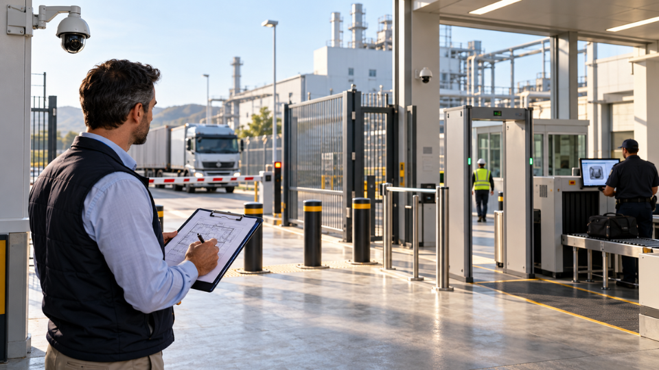 Control de seguridad física en una instalación industrial con acceso de vehículos, arco detector y equipo de inspección por rayos X