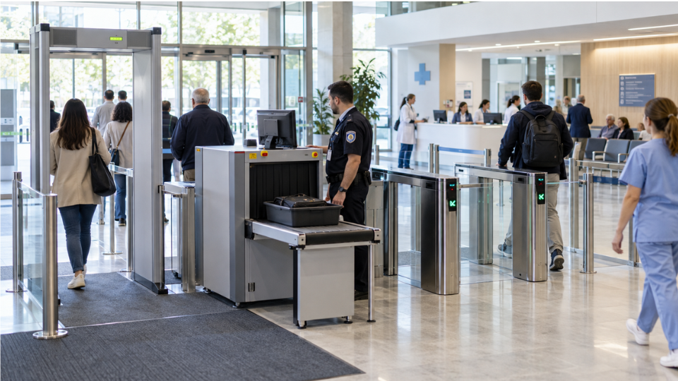 Control de accesos en hospital con equipo de inspección por rayos X y arco detector de metales